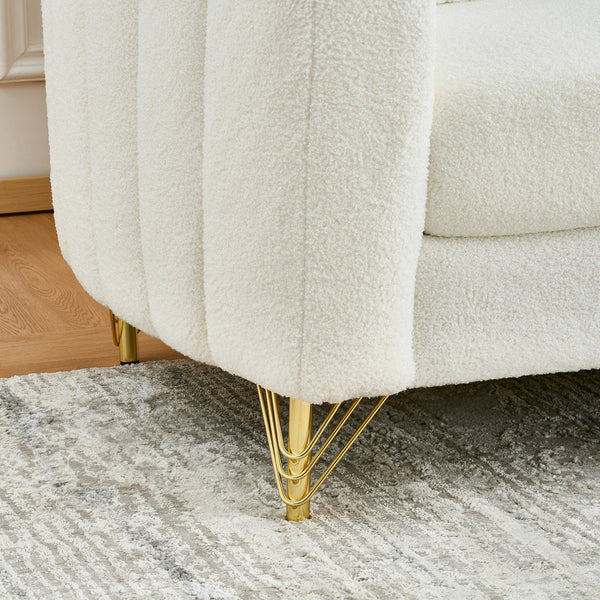 English Elm 63" Chenille Loveseat Sofa Luxury 2-Seater Deep Tufted Couch with Gold Metal Legs and Pillows Beige W3373S00036