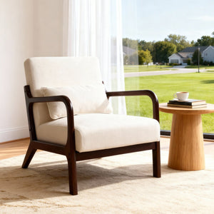 English Elm Mid Century Modern Accent Chair Solid Rubberwood Frame Lumbar Pillow Beige Living Room W2989P426360