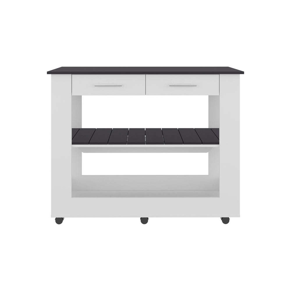 English Elm Cala Compact Kitchen Island with Two Drawers, Open Shelves & White Walnut Top for Small Kitchens B070P363801