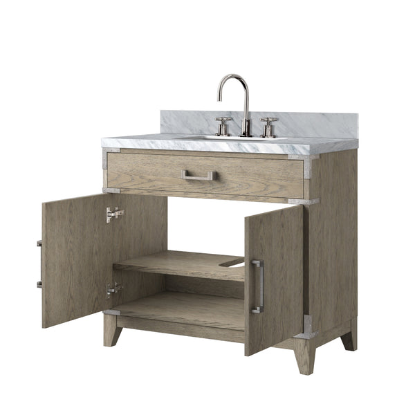 English Elm Grey Oak Single-Sink Vanity With Hand-Finished Carrara Marble Top & Polished Chrome Faucet Set B2731P259797