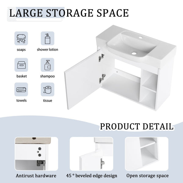 English Elm 28'' Floating Bathroom Vanity with Ceramic Sink Soft Close Door Melamine Cabinet Glossy White W999P426642
