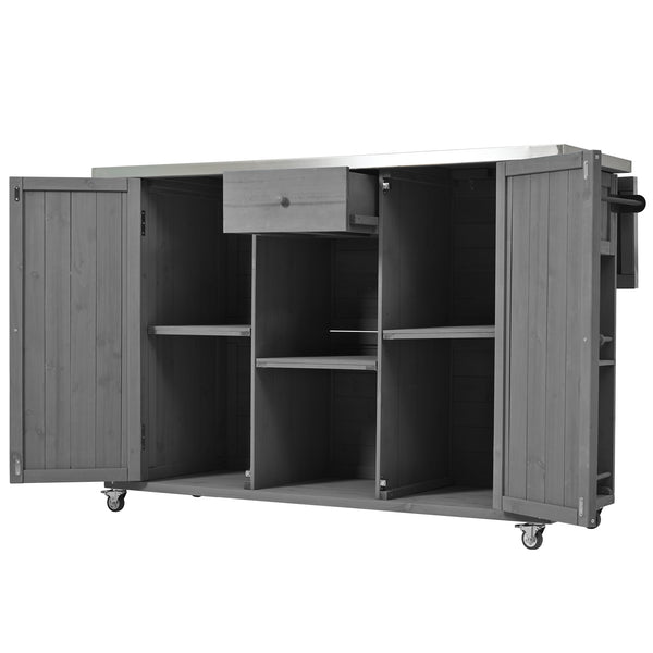 English Elm Outdoor Kitchen Island Solid Fir Wood with Foldable Stainless Top, Ample Storage, Wheels, Opener Grey N719P246553R