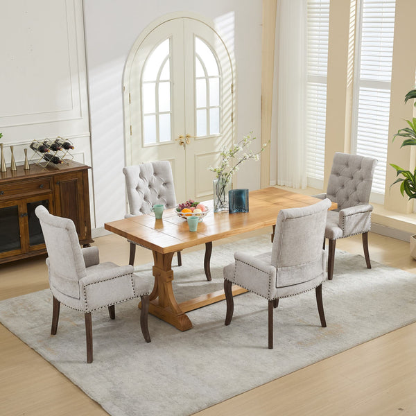 English Elm Upholstered Chenille Dining Chair with Hand-Tufted Back, Curved Solid Wood Legs, Comfortable Armseat Beige W1143P346927