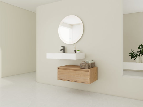 English Elm 30 Inch Wall-Mounted Bathroom Vanity With Resin Sink, Soft Close Drawer & Modern Oak Finish W999S00257