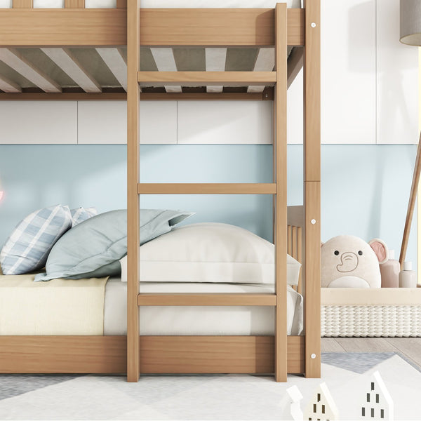 English Elm Twin Triple Rubberwood Bunk Bed with Ladders & Guardrails, Space-Saving Modular Design for Families White Oak W504S00172