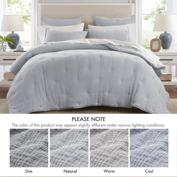 English Elm 3-piece King Cotton Muslin Quilt Set Crinkled Embroidered Coastal Farmhouse Bedding B035P408346