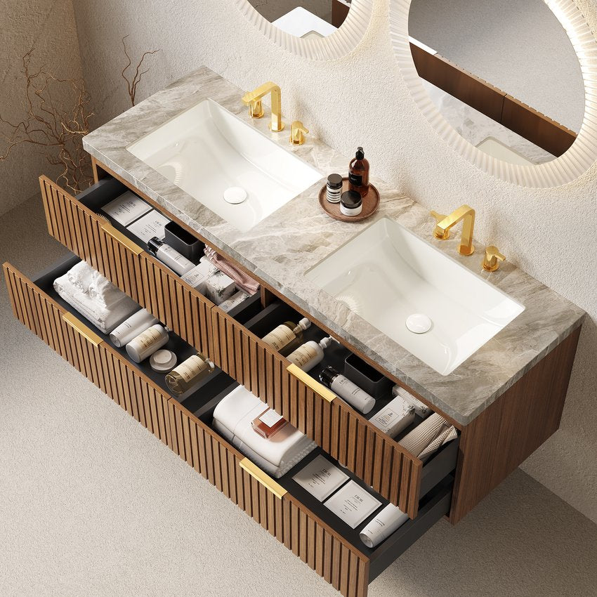 English Elm ELIO 60" Wall-Mounted Double Basin Vanity with Sintered Stone Top, Oak Veneer Drawers, Preassembled W2615P279351