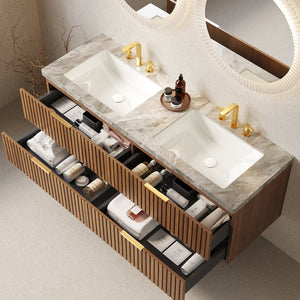 English Elm ELIO 60" Wall-Mounted Double Basin Vanity with Sintered Stone Top, Oak Veneer Drawers, Preassembled W2615P279351