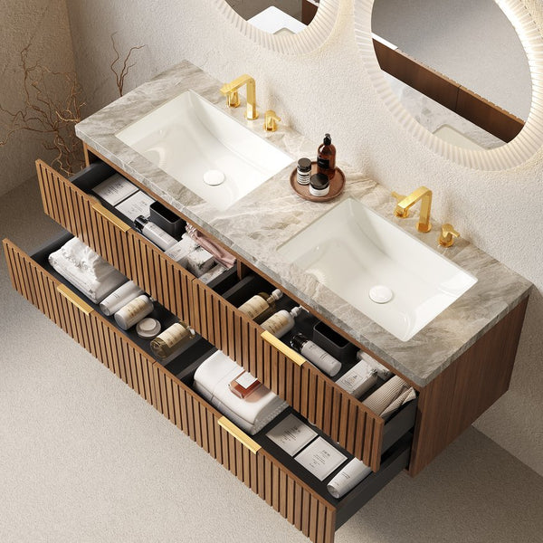 English Elm ELIO 60" Wall-Mounted Double Basin Vanity with Sintered Stone Top, Oak Veneer Drawers, Preassembled W2615P279351