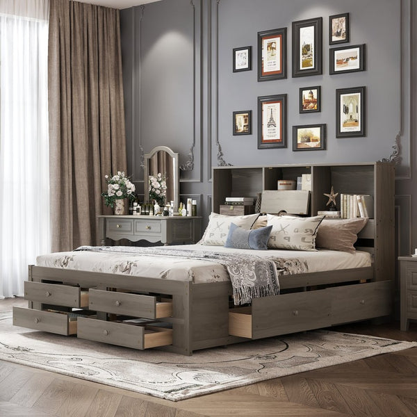 English Elm King Platform Bed with 8 Drawers Open Headboard Compartments and Pine Wood Frame Gray GX000454AAE-1