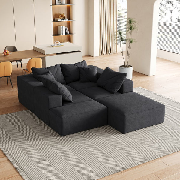 English Elm Modern Upholstered Sectional Sofa Set Modular 132" L-Shape Chenille Couch with 6 Pillows, No-Assembly Comfort and FlexibilityReadable? Black W834S00500