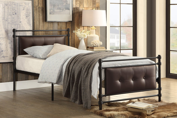 English Elm 1pc Twin Platform Bed Jayla Collection Black Metal Frame with Brown Faux Leather Button-Tufted Headboard Footboard 40.25"x77.75" B011P364408