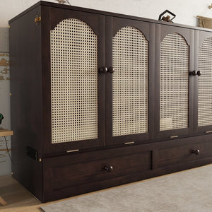 English Elm Queen Size Murphy Bed – Elegant Pine Wood Cabinet With Power Station & Rattan Accents, Espresso Finish W504S00235-GIGA