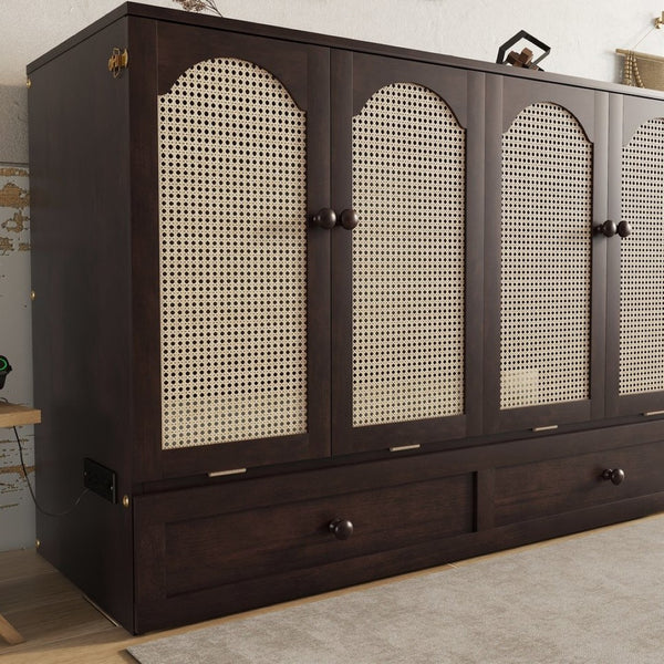 English Elm Queen Size Murphy Bed – Elegant Pine Wood Cabinet With Power Station & Rattan Accents, Espresso Finish W504S00235-GIGA