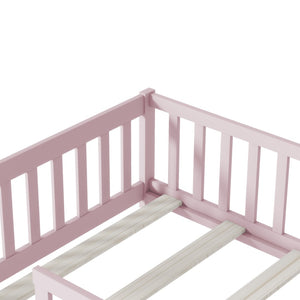 English Elm Twin Solid Rubberwood Floor Bed with Full Perimeter Safety Rails for Toddler Rooms Pink W504P296798