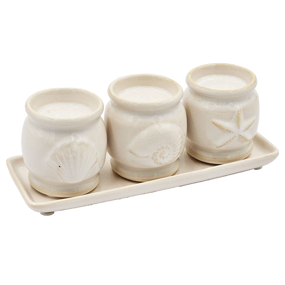 English Elm 7.5x2.5x2.5" Ceramic Three-Cup Tealight Holder & Tray in Cream with Seashell Detail for Beach Décor W2078P391153