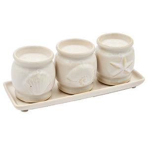 English Elm 7.5x2.5x2.5" Ceramic Three-Cup Tealight Holder & Tray in Cream with Seashell Detail for Beach Décor W2078P391153