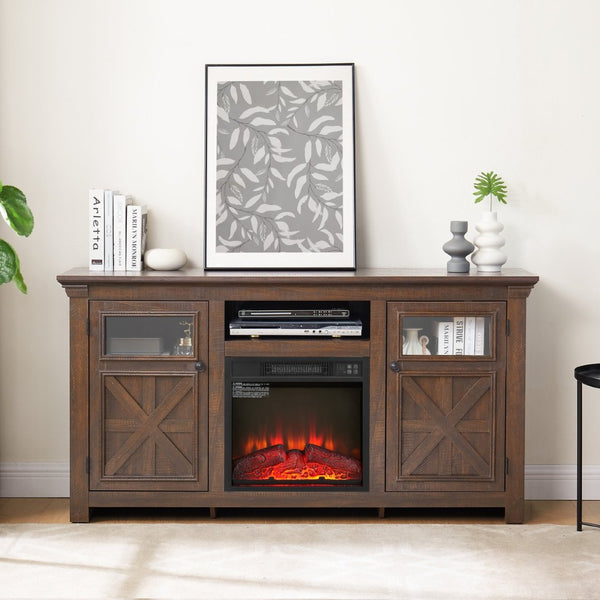 English Elm 2 Door Farmhouse Entertainment Console with Built-in Electric Fireplace Barn Style Espresso W2275S00041