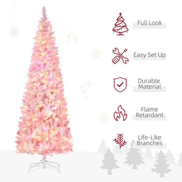 English Elm Homcom Snow Flocked Pink Pencil Christmas Tree Warm Led Lights Slim Festive Decor W2225P229399