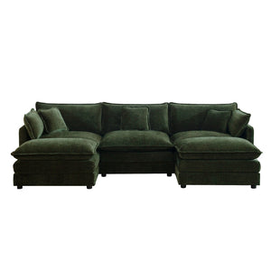 English Elm U-shaped Chenille Sectional with Dual Ottomans Modular Living Room Sofa in Green W714S00465