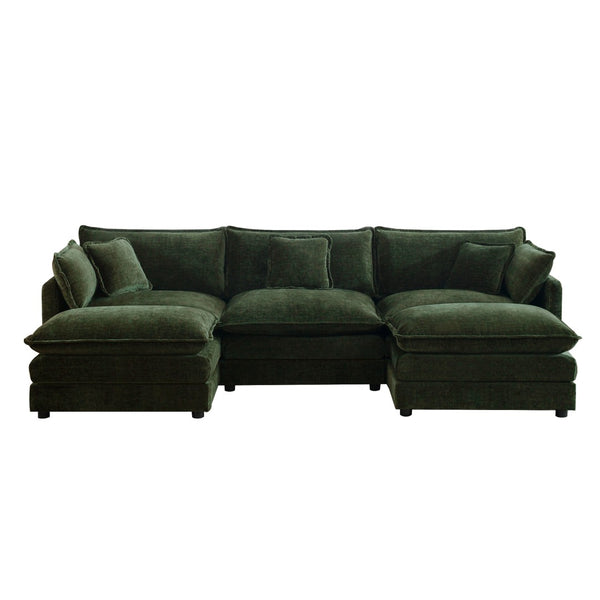 English Elm U-shaped Chenille Sectional with Dual Ottomans Modular Living Room Sofa in Green W714S00465