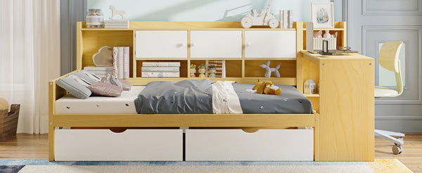 English Elm Wooden L-shape Twin Daybed with Desk Bookshelf and Nine Storage Compartments N733S351668M