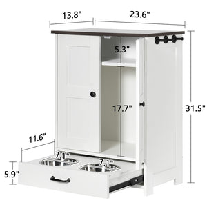 English Elm Dog Feeding Station Cabinet with Pull Out Bowls Storage Hooks White Pet Organizer W1687P205402