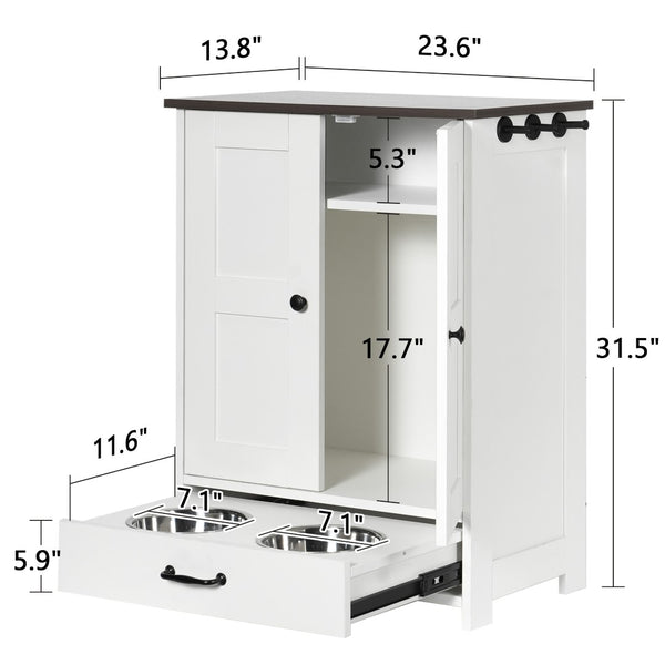 English Elm Dog Feeding Station Cabinet with Pull Out Bowls Storage Hooks White Pet Organizer W1687P205402