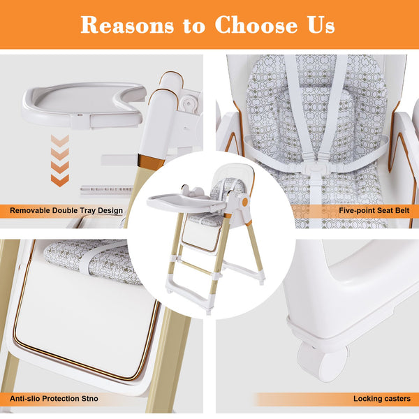 English Elm Convertible Baby High Chair to Rocker with 5-Point Harness, Foldable Feeding Seat, Quiet Wheels, Easy-Clean Tray and Adjustable Recline for Infants and Toddlers White W2699P371974