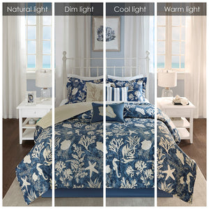 English Elm 7 Piece Cotton Sateen Comforter Set In Soft Blue - Elegant Coastal Design For Queen Bed & Cozy Comfort B03597054