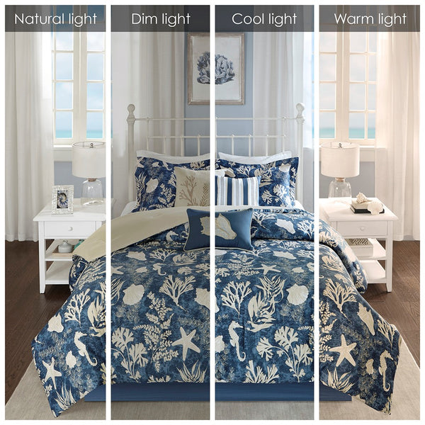 English Elm 7 Piece Cotton Sateen Comforter Set In Soft Blue - Elegant Coastal Design For Queen Bed & Cozy Comfort B03597054