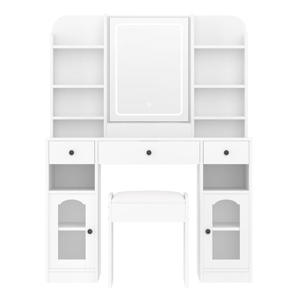 English Elm 43.2" Bedroom Dressing Table with Rgb Lit Glass Cabinets Led Mirror and Charging Station White N704P407114K