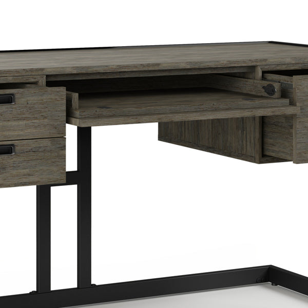 English Elm Hampden Solid Acacia Wood Desk in Weathered Grey with Keyboard Tray, 3 Drawers & Matte Black Frame B136P158676