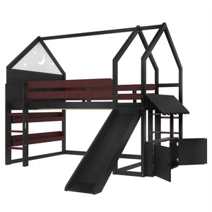 English Elm Full Size Pine Loft Bed House Frame with Slide Bookshelves and Moon Star Rails W1580S00314