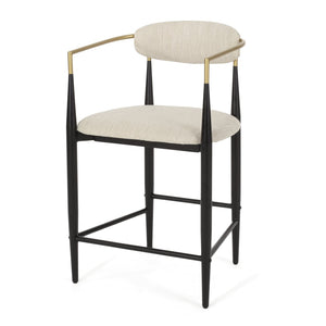 English Elm Counter Stools Set of Two Matte Black Iron Frames Gold Trim Upholstered Seats N771P249370A