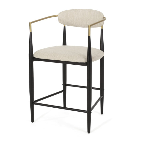 English Elm Counter Stools Set of Two Matte Black Iron Frames Gold Trim Upholstered Seats N771P249370A