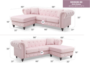 English Elm Glory Velvet Tufted Chaise Sectional Sofa with Nailhead Trim, Pocketed Coil Cushions & Wood Frame Pink 15 L x 32 W x 55 H B078S00011