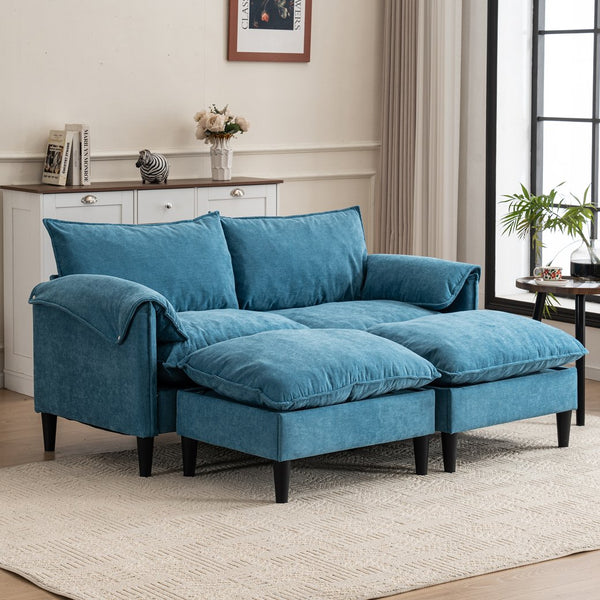 English Elm Convertible Convertible sofa with storage footstools, compact U-shaped 2-seater for small spaces, durable fabric comfort Lake Blue W2012P253357