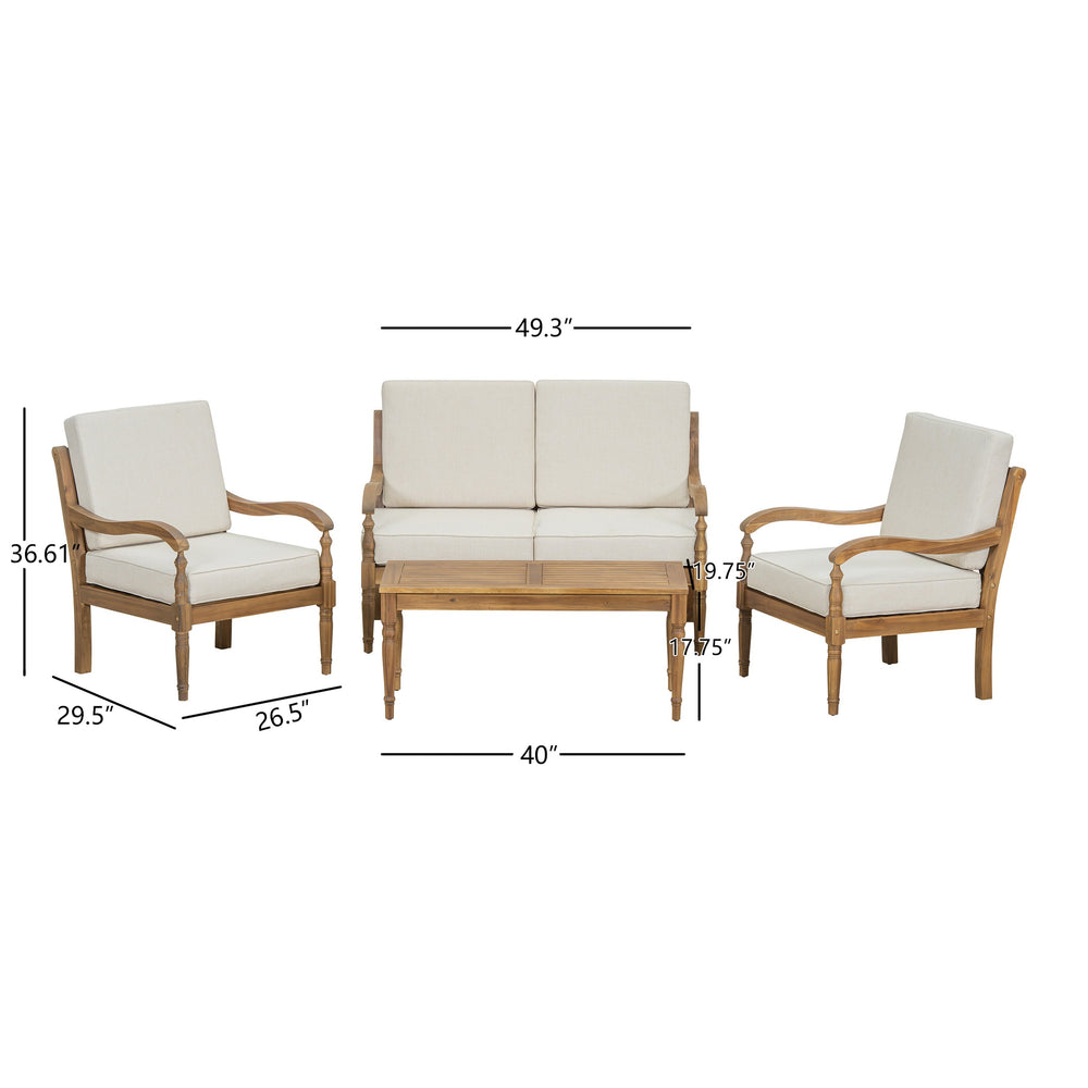English Elm Christopher Knight Home® - 4 Piece Acacia Wood Outdoor Sofa Set with Beige Cushions, Curved Armrests, Carved Legs, Lattice Back Design, Durable Patio Seating (53.75x34x14.25) N768P271734D_2_N768P271733D_N768P271732D