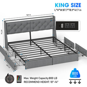 English Elm Queen Storage Platform Bed with Rgb Lighting Linen Headboard and Built-in Charging T3963P437337