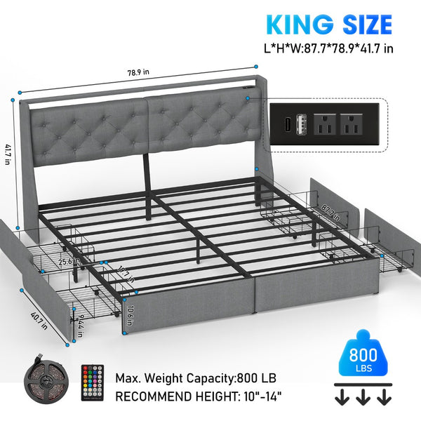 English Elm Queen Storage Platform Bed with Rgb Lighting Linen Headboard and Built-in Charging T3963P437337
