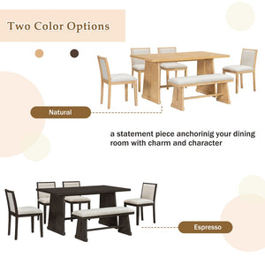 English Elm Trexm Six Piece Farmhouse Dining Set Wire Brushed Oak Veneer Table Linen Chairs Bench Natural ST000155AAN