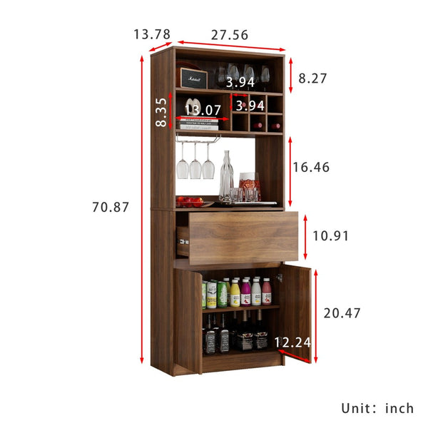 English Elm Kitchen Walnut Buffet Cabinet with Wine Rack Open Shelving Drawers and Closed Storage W331P425319