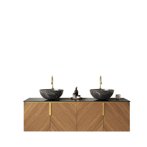 English Elm ARAI 60" Bathroom Vanity with Dual Ceramic Vessel Sinks, Sintered Stone Top, Plywood Storage Cabinet with Soft-Close Doors and Brushed Gold Handles Black,Brown Oak W2615S00262