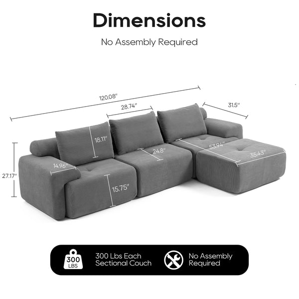 English Elm L-Shaped Convertible Sectional Sofa with Memory Foam, Steel Frame, No Assembly, Corduroy Comfort Grey W2959S00017