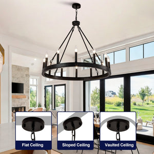 English Elm 12-light Wagon Wheel Chandelier Black Iron Rustic Farmhouse Fixture for Dining Rooms W2991P406726