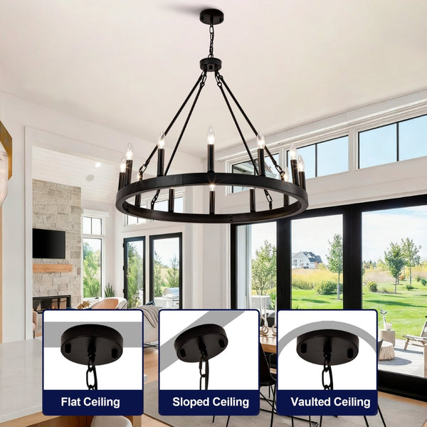 English Elm 12-light Wagon Wheel Chandelier Black Iron Rustic Farmhouse Fixture for Dining Rooms W2991P406726