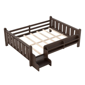 English Elm Twin Pine Floor Bed for Kids with Side Bookcases Built-in Stairs and Safety Guardrails Espresso W1580P390226