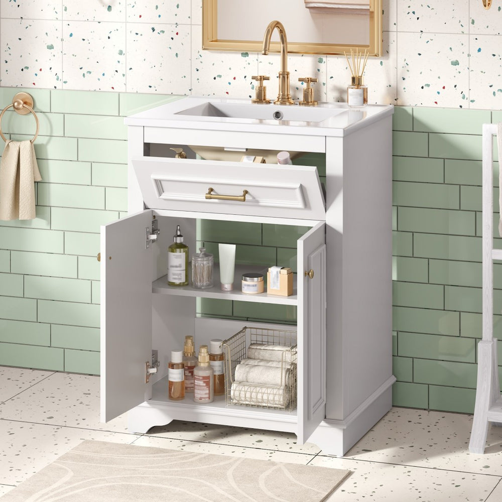 English Elm 24" Matte Single Sink Vanity Solid Poplar Frame Gold Hardware Soft Close Cabinet White N710P389449K