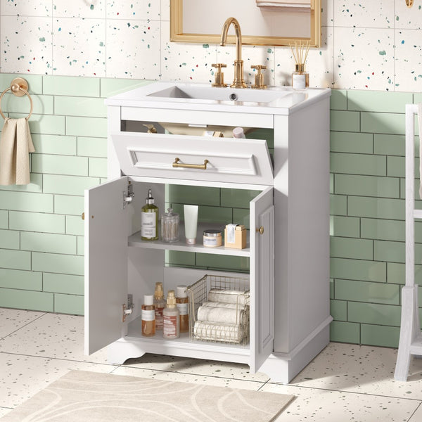 English Elm 24" Matte Single Sink Vanity Solid Poplar Frame Gold Hardware Soft Close Cabinet White N710P389449K